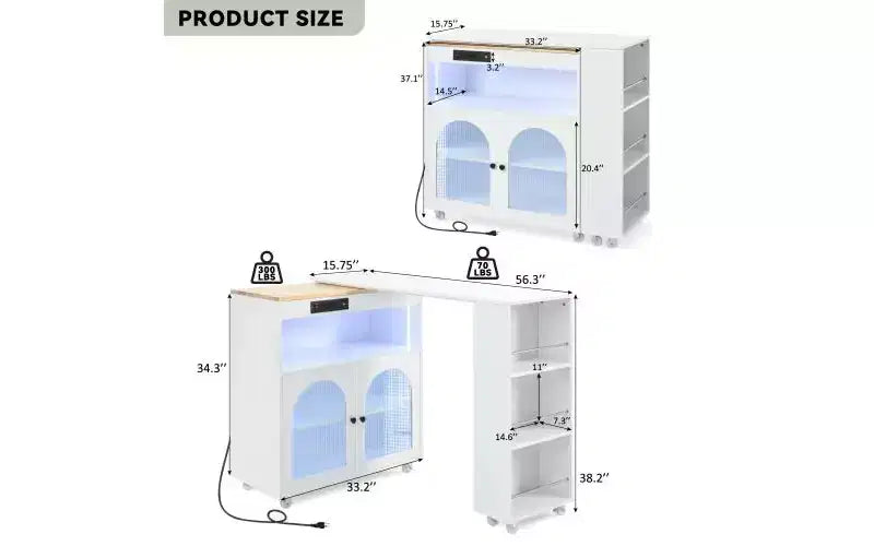 JVNOXK - Îlot de cuisine roulant extensible avec éclairage LED, prises de courant et panneaux en verre dépoli à double porte, blanc