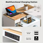JVNOXK - Îlot de cuisine roulant extensible avec éclairage LED, prises de courant et panneaux en verre dépoli à double porte, blanc