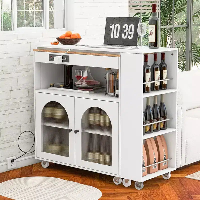 JVNOXK - Îlot de cuisine roulant extensible avec éclairage LED, prises de courant et panneaux en verre dépoli à double porte, blanc