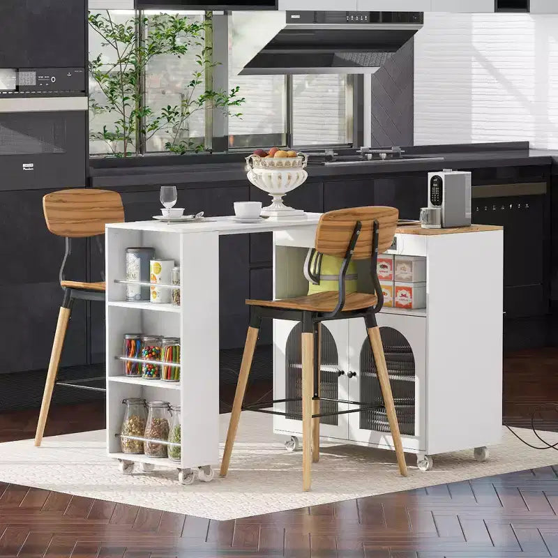 JVNOXK - Îlot de cuisine roulant extensible avec éclairage LED, prises de courant et panneaux en verre dépoli à double porte, blanc