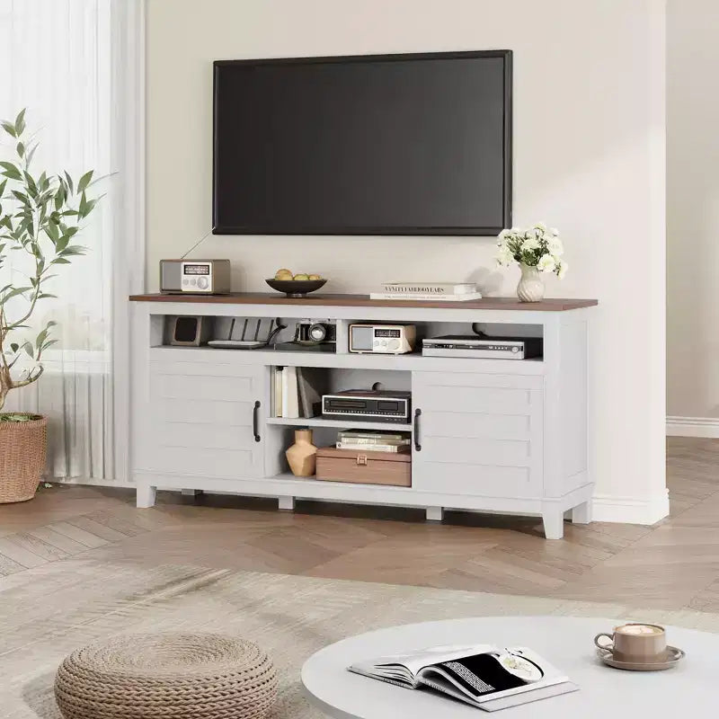 Meuble TV avec étagères réglables, Meuble TV de style ferme avec portes d'armoire, pour salon, chambre à coucher