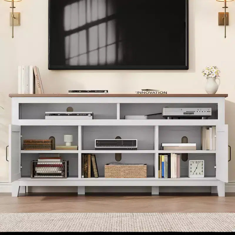 Meuble TV avec étagères réglables, Meuble TV de style ferme avec portes d'armoire, pour salon, chambre à coucher