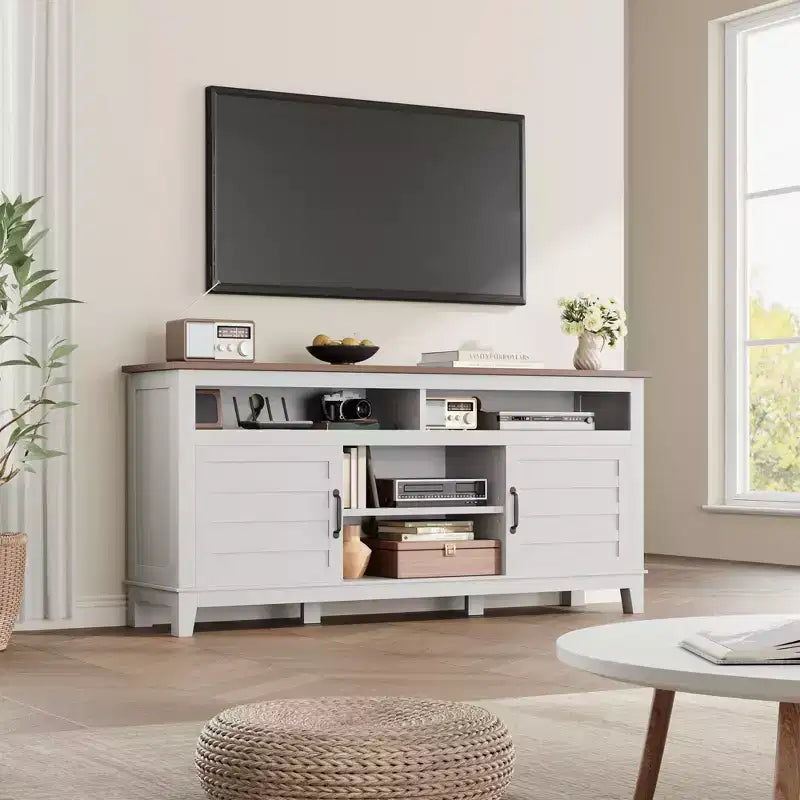 Meuble TV avec étagères réglables, Meuble TV de style ferme avec portes d'armoire, pour salon, chambre à coucher