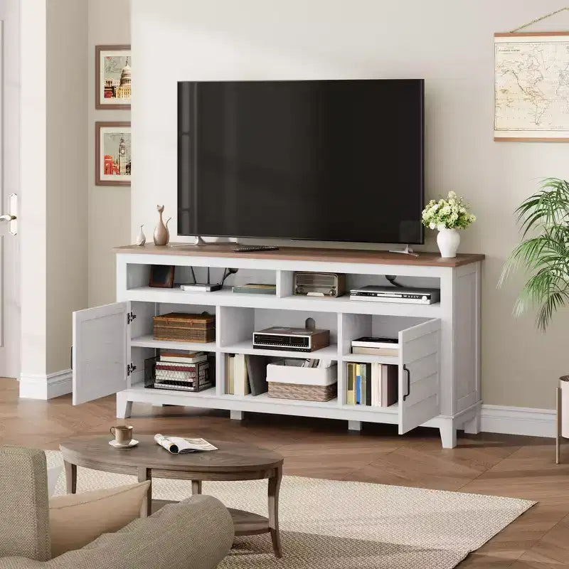 Meuble TV avec étagères réglables, Meuble TV de style ferme avec portes d'armoire, pour salon, chambre à coucher