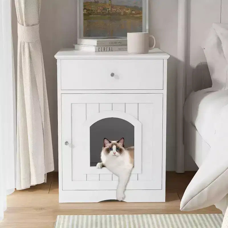 Meuble de litière pour chat avec tiroirs, meuble cache-litière, station de toilettage en bois pour chats pour chambres et salons