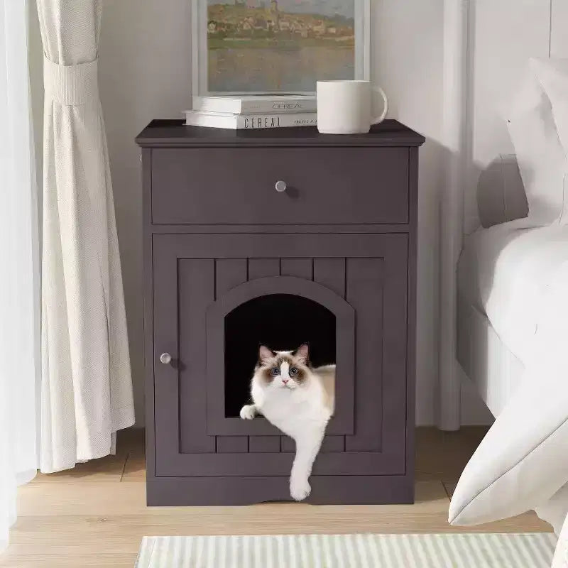 Meuble de litière pour chat avec tiroirs, meuble cache-litière, station de toilettage en bois pour chats pour chambres et salons