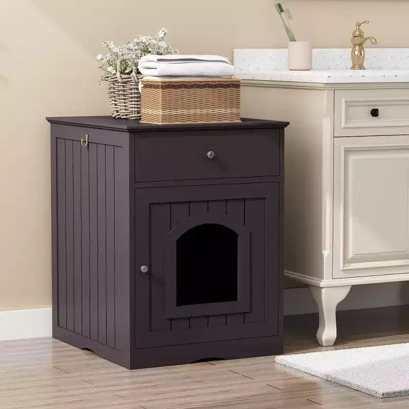 Meuble de litière pour chat avec tiroirs, meuble cache-litière, station de toilettage en bois pour chats pour chambres et salons