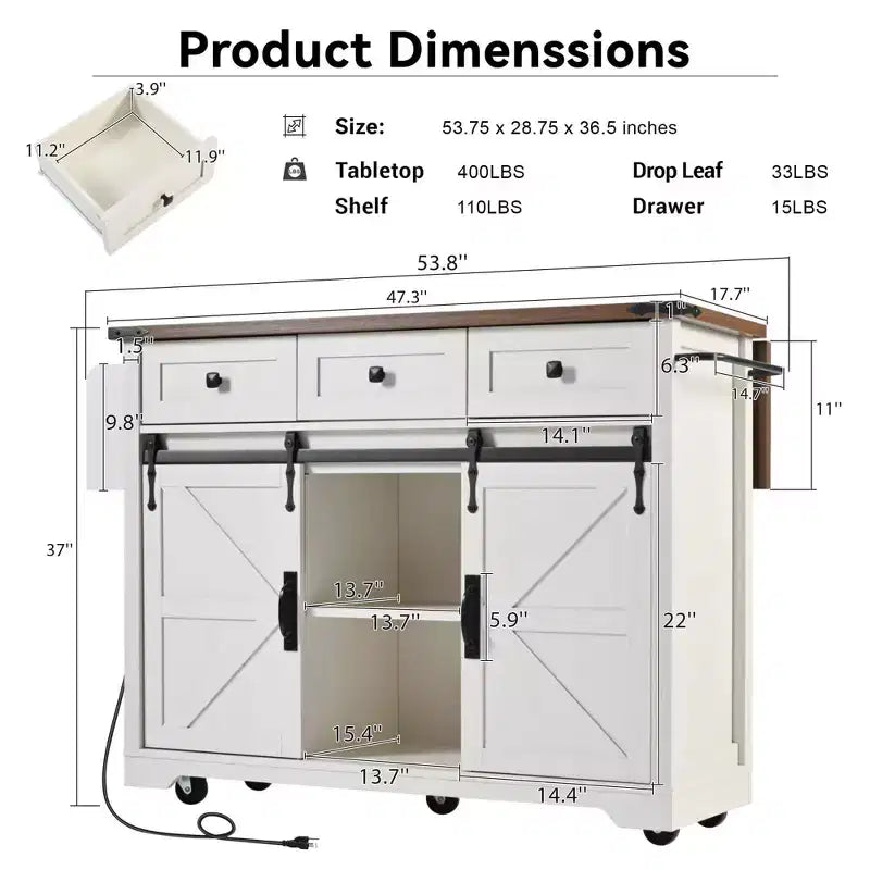 JVNOXK-Îlot de cuisine rustique de 53,7 pouces avec prises électriques, doubles portes coulissantes avec étagères pliantes, étagère à épices sur roulettes, blanc