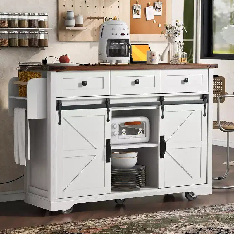 JVNOXK-Îlot de cuisine rustique de 53,7 pouces avec prises électriques, doubles portes coulissantes avec étagères pliantes, étagère à épices sur roulettes, blanc