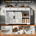 JVNOXK-Îlot de cuisine rustique de 53,7 pouces avec prises électriques, doubles portes coulissantes avec étagères pliantes, étagère à épices sur roulettes, blanc