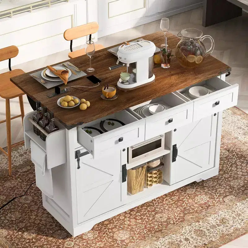 JVNOXK-Îlot de cuisine rustique de 53,7 pouces avec prises électriques, doubles portes coulissantes avec étagères pliantes, étagère à épices sur roulettes, blanc