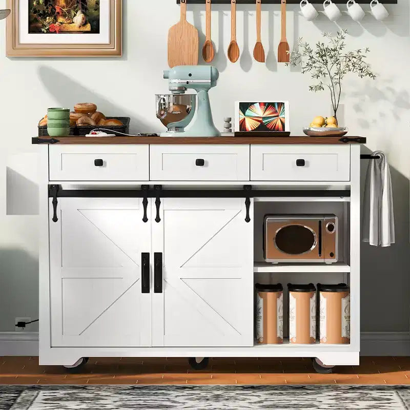 JVNOXK-Îlot de cuisine rustique de 53,7 pouces avec prises électriques, doubles portes coulissantes avec étagères pliantes, étagère à épices sur roulettes, blanc