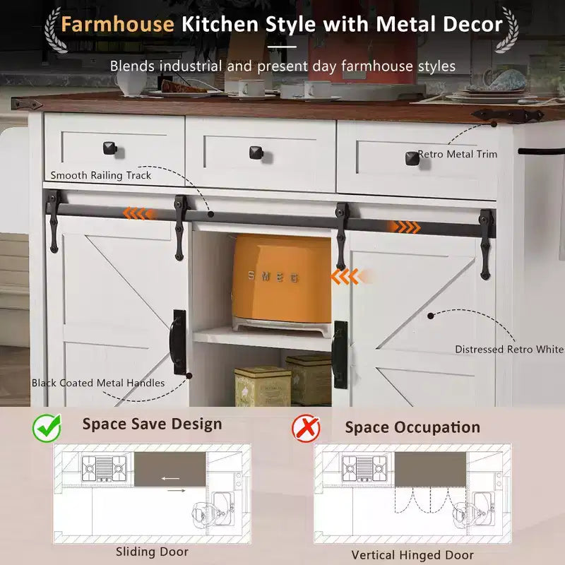 JVNOXK-Îlot de cuisine rustique de 53,7 pouces avec prises électriques, doubles portes coulissantes avec étagères pliantes, étagère à épices sur roulettes, blanc