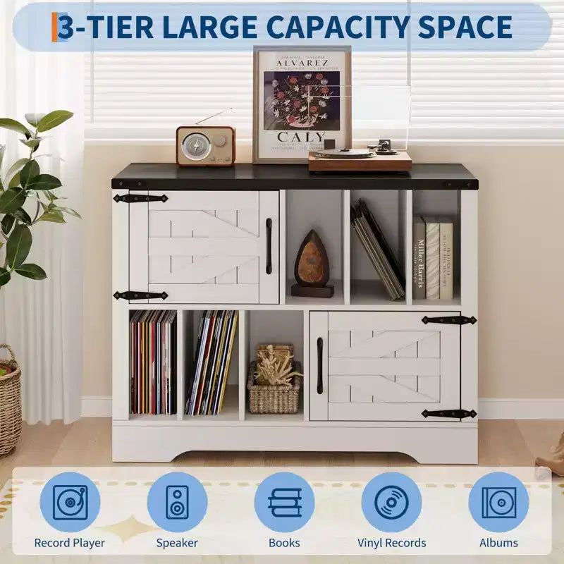 CuisinSmart Meuble tourne-disque 99 cm avec rangement vinyle, meuble de rangement pour disques vinyles avec 2 portes de grange, jusqu'à 450 albums pour salon et salle de musique
