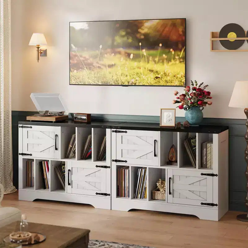 CuisinSmart Meuble tourne-disque 99 cm avec rangement vinyle, meuble de rangement pour disques vinyles avec 2 portes de grange, jusqu'à 450 albums pour salon et salle de musique