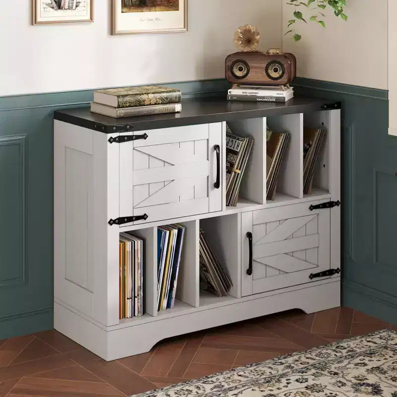 CuisinSmart Meuble tourne-disque 99 cm avec rangement vinyle, meuble de rangement pour disques vinyles avec 2 portes de grange, jusqu'à 450 albums pour salon et salle de musique