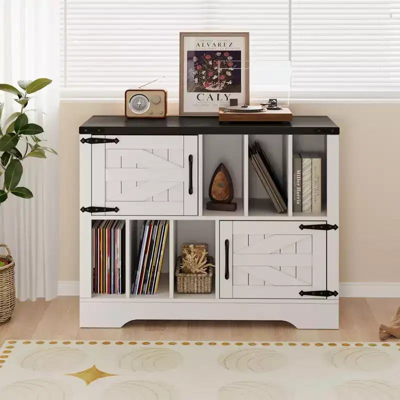 CuisinSmart Meuble tourne-disque 99 cm avec rangement vinyle, meuble de rangement pour disques vinyles avec 2 portes de grange, jusqu'à 450 albums pour salon et salle de musique