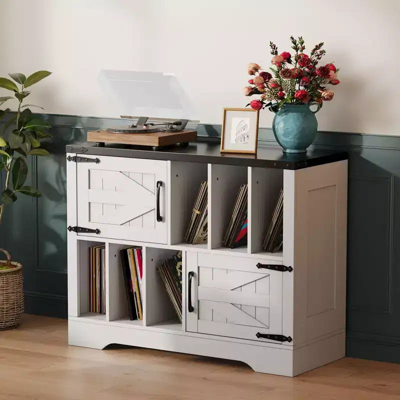 CuisinSmart Meuble tourne-disque 99 cm avec rangement vinyle, meuble de rangement pour disques vinyles avec 2 portes de grange, jusqu'à 450 albums pour salon et salle de musique