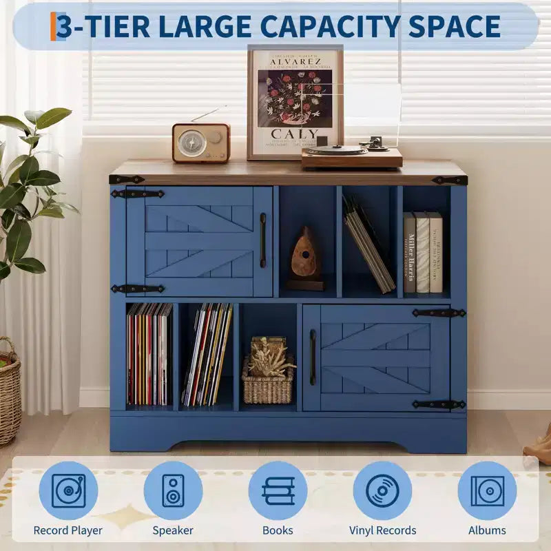 CuisinSmart Meuble tourne-disque 99 cm avec rangement vinyle, meuble de rangement pour disques vinyles avec 2 portes de grange, jusqu'à 450 albums pour salon et salle de musique