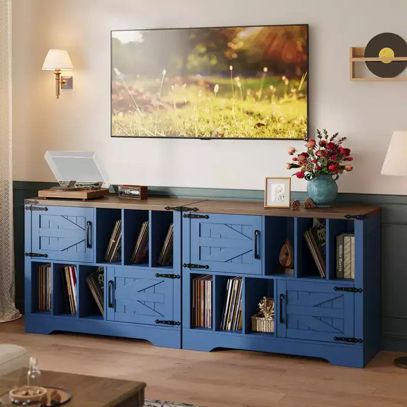 CuisinSmart Meuble tourne-disque 99 cm avec rangement vinyle, meuble de rangement pour disques vinyles avec 2 portes de grange, jusqu'à 450 albums pour salon et salle de musique