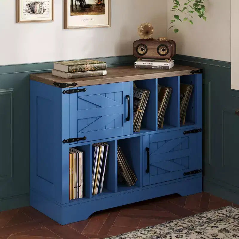 CuisinSmart Meuble tourne-disque 99 cm avec rangement vinyle, meuble de rangement pour disques vinyles avec 2 portes de grange, jusqu'à 450 albums pour salon et salle de musique