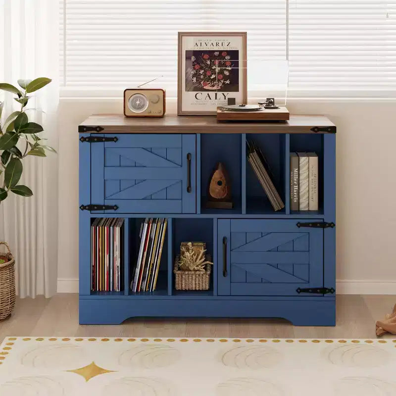 CuisinSmart Meuble tourne-disque 99 cm avec rangement vinyle, meuble de rangement pour disques vinyles avec 2 portes de grange, jusqu'à 450 albums pour salon et salle de musique