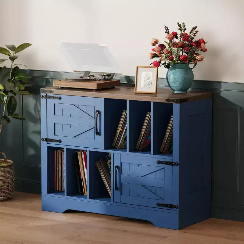 CuisinSmart Meuble tourne-disque 99 cm avec rangement vinyle, meuble de rangement pour disques vinyles avec 2 portes de grange, jusqu'à 450 albums pour salon et salle de musique