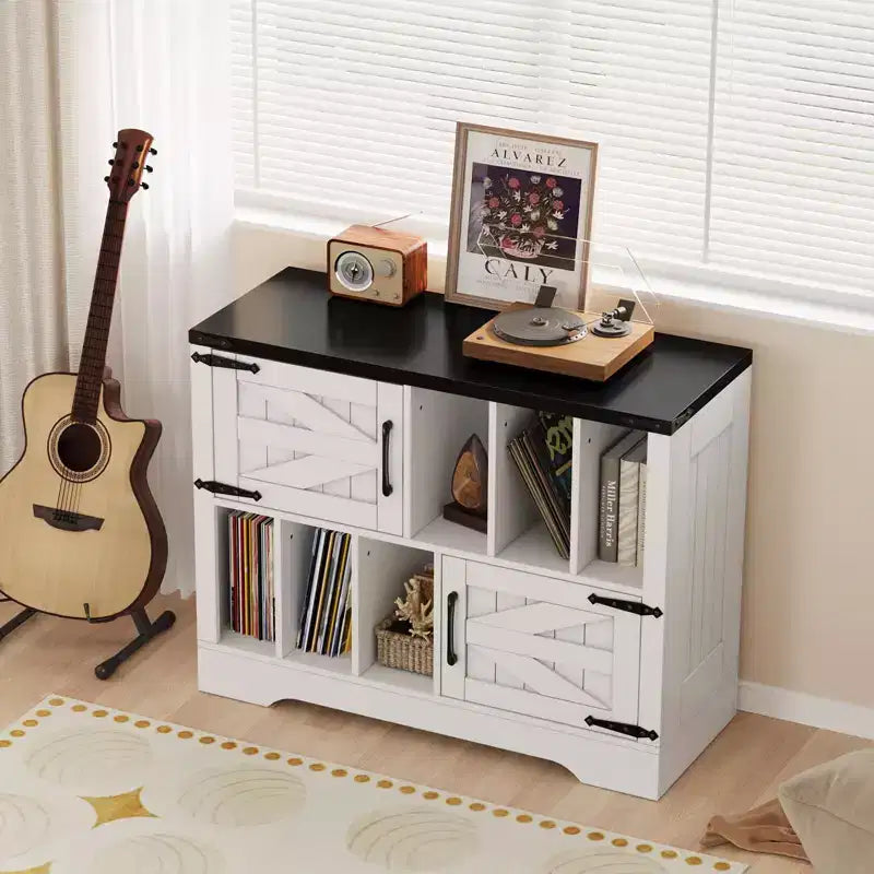 CuisinSmart Meuble tourne-disque 99 cm avec rangement vinyle, meuble de rangement pour disques vinyles avec 2 portes de grange, jusqu'à 450 albums pour salon et salle de musique