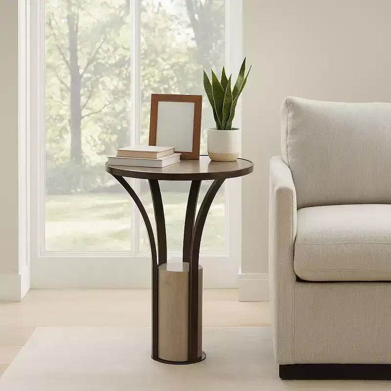 Table d'appoint, guéridon ou table de chevet pour la maison – Plateau élégant en marbre avec piédestal cylindrique en pierre pour grands ou petits espaces – Bronze et cuivre 24