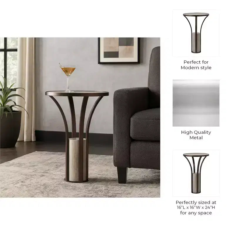 Table d'appoint, guéridon ou table de chevet pour la maison – Plateau élégant en marbre avec piédestal cylindrique en pierre pour grands ou petits espaces – Bronze et cuivre 24