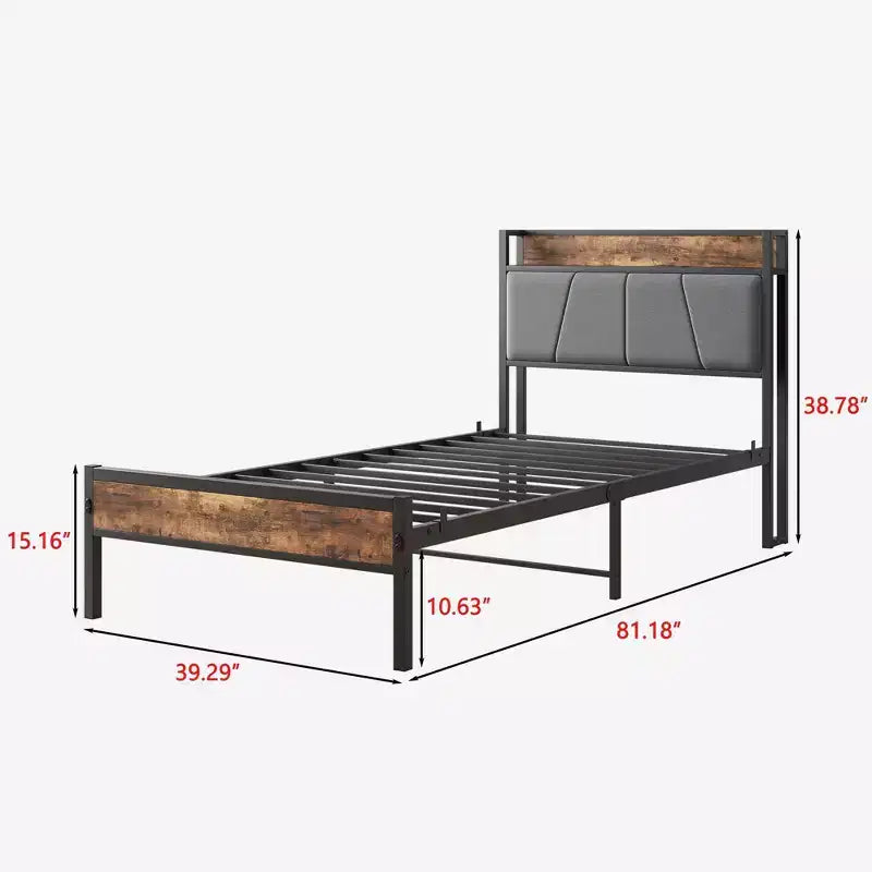 Cadre de lit double Okak avec tête de lit de rangement, lit plateforme en bois massif avec station de recharge pour chambre à coucher, marron