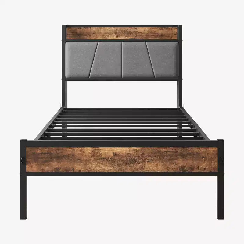 Cadre de lit double Okak avec tête de lit de rangement, lit plateforme en bois massif avec station de recharge pour chambre à coucher, marron