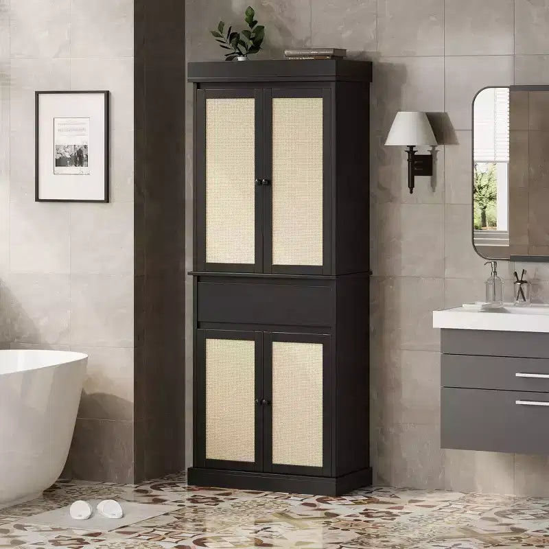 Meuble de rangement en rotin pour garde-manger de cuisine, armoire autonome de 69 cm avec tiroir, portes et étagères réglables pour salle de bain