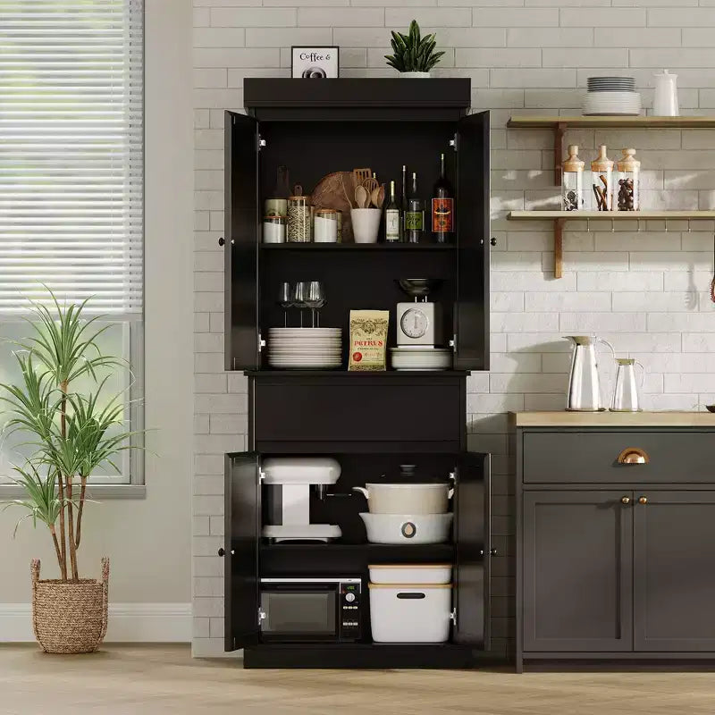 Meuble de rangement en rotin pour garde-manger de cuisine, armoire autonome de 69 cm avec tiroir, portes et étagères réglables pour salle de bain