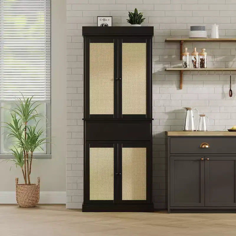 Meuble de rangement en rotin pour garde-manger de cuisine, armoire autonome de 69 cm avec tiroir, portes et étagères réglables pour salle de bain