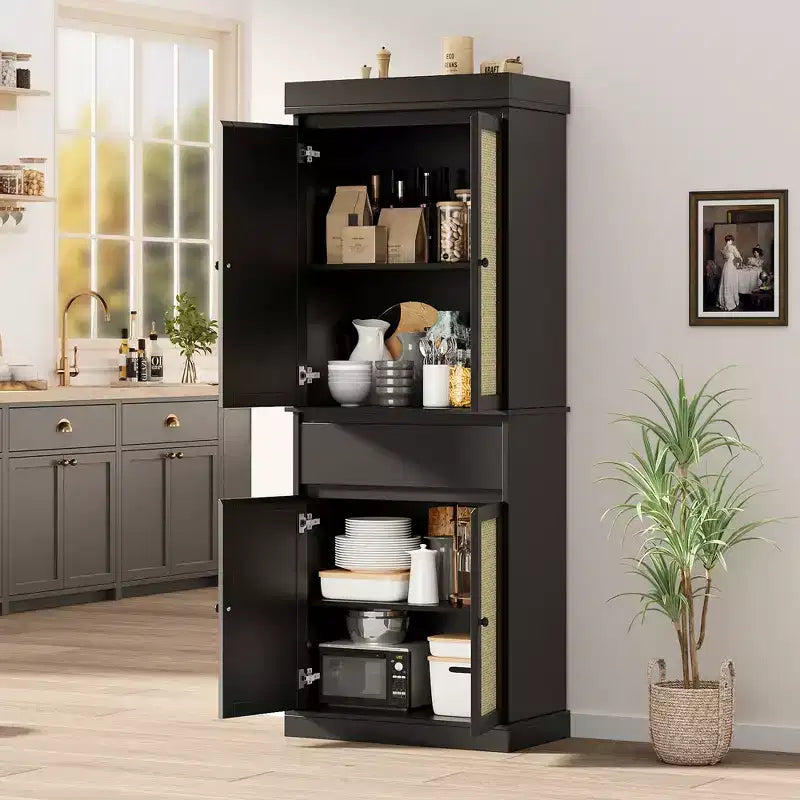 Meuble de rangement en rotin pour garde-manger de cuisine, armoire autonome de 69 cm avec tiroir, portes et étagères réglables pour salle de bain
