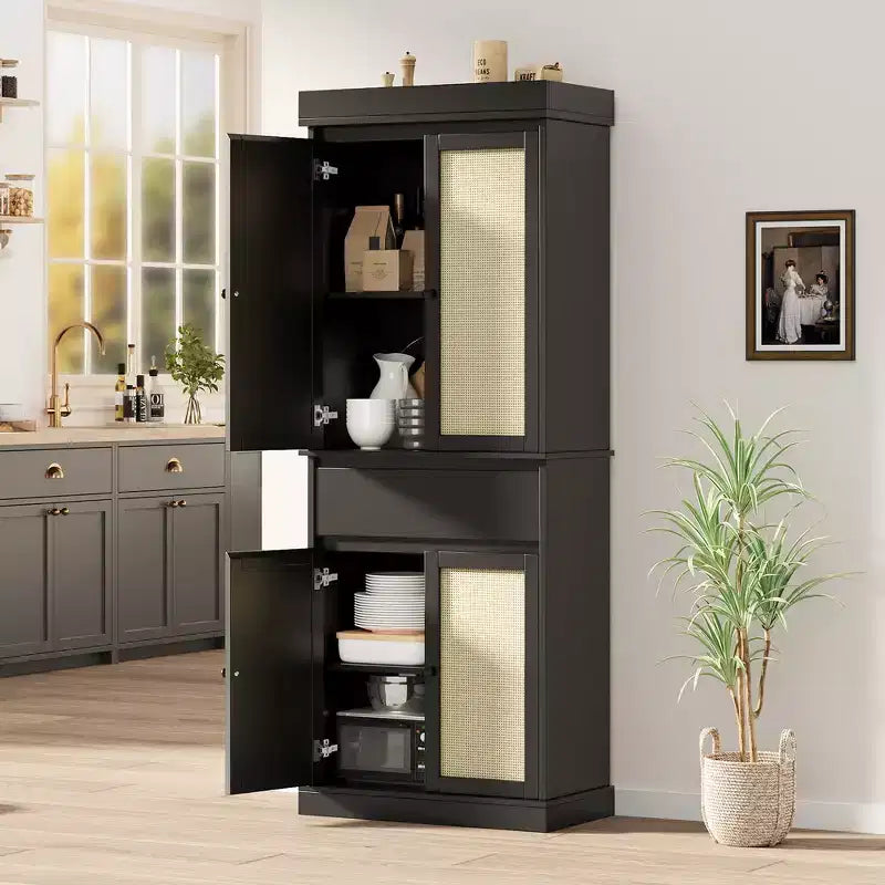 Meuble de rangement en rotin pour garde-manger de cuisine, armoire autonome de 69 cm avec tiroir, portes et étagères réglables pour salle de bain