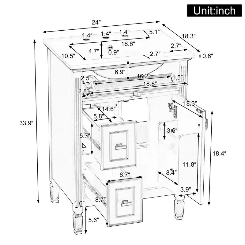 Meuble-lavabo GDFStudio Crystal 24 en bois massif avec évier et étagère réglable