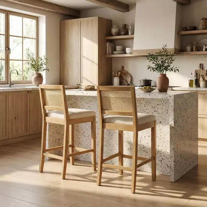 Homy Casa Lot de 2 tabourets de bar en bois massif avec dossier en rotin et assise rembourrée