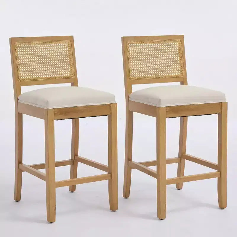 Homy Casa Lot de 2 tabourets de bar en bois massif avec dossier en rotin et assise rembourrée