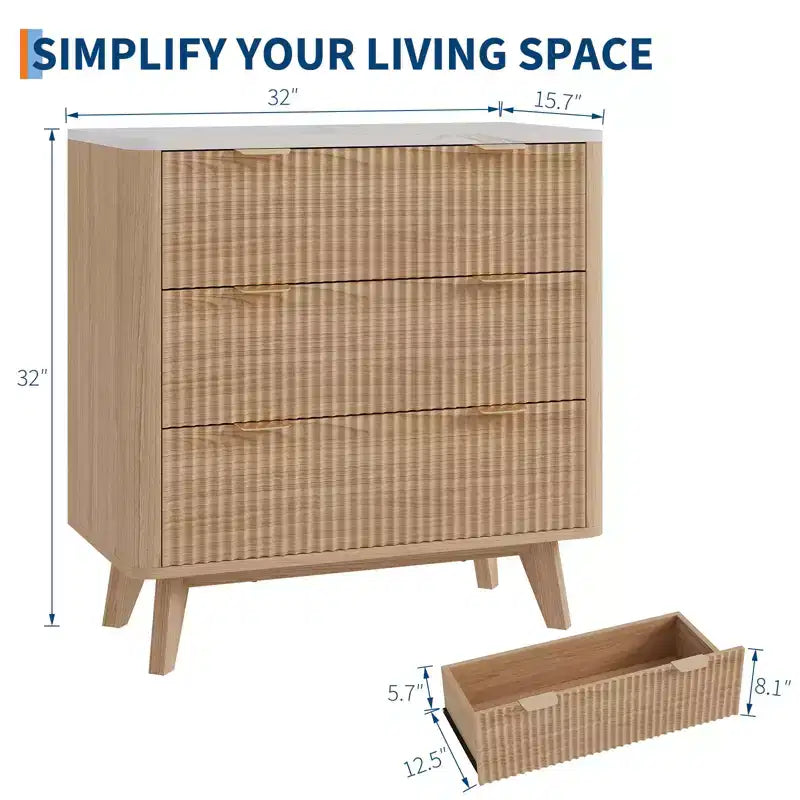 Tables de chevet modernes cannelées de 32 po de largeur avec plateau en faux marbre, table de chevet à 3 tiroirs, grande table de chevet pour chambre à coucher, salon, couloir, design profilé, chêne