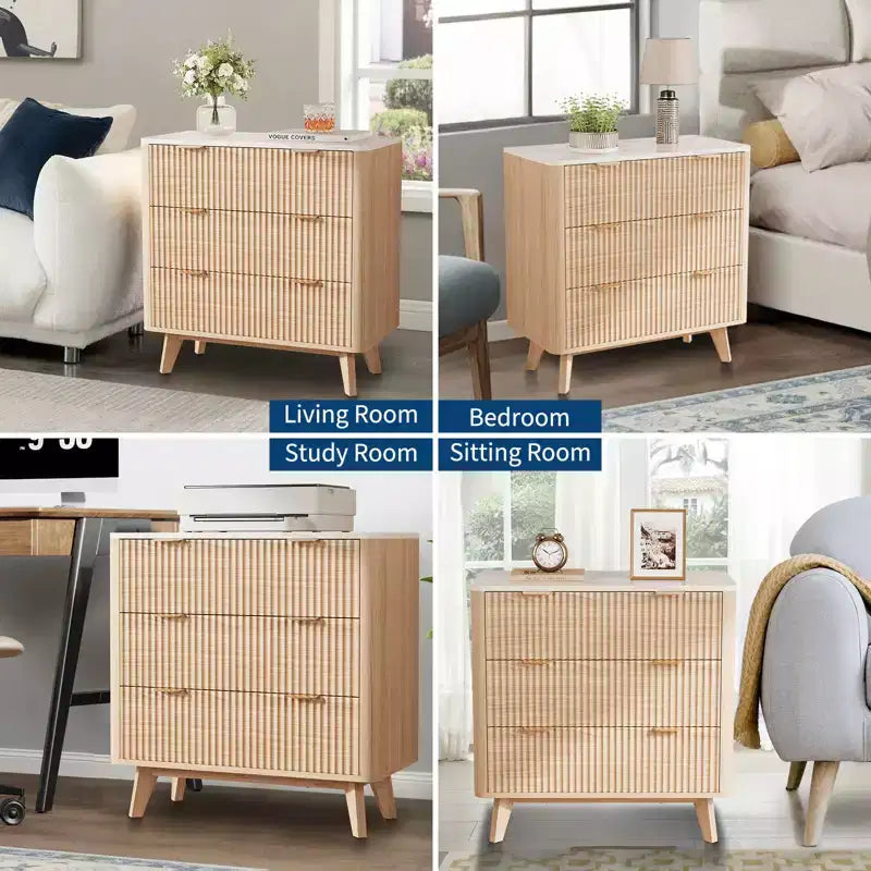 Tables de chevet modernes cannelées de 32 po de largeur avec plateau en faux marbre, table de chevet à 3 tiroirs, grande table de chevet pour chambre à coucher, salon, couloir, design profilé, chêne