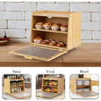 Boîte à pain à 2 niveaux en bambou avec porte en acrylique, bac de rangement pour le pain pour comptoir de cuisine, pour ranger baguettes, pâtisseries et produits de boulangerie