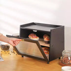Boîte à pain à 2 niveaux en bambou avec porte en acrylique, bac de rangement pour le pain pour comptoir de cuisine, pour ranger baguettes, pâtisseries et produits de boulangerie