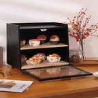 Boîte à pain à 2 niveaux en bambou avec porte en acrylique, bac de rangement pour le pain pour comptoir de cuisine, pour ranger baguettes, pâtisseries et produits de boulangerie