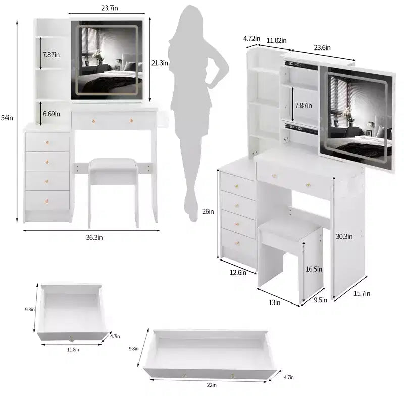 Coiffeuse contemporaine avec tabouret rembourré, miroir coulissant à LED, éclairage tactile 3 couleurs, deux prises secteur et ports de chargement USB
