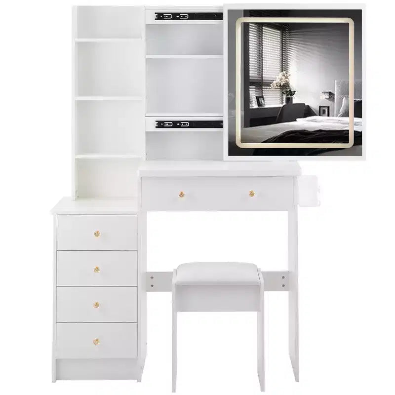 Coiffeuse contemporaine avec tabouret rembourré, miroir coulissant à LED, éclairage tactile 3 couleurs, deux prises secteur et ports de chargement USB