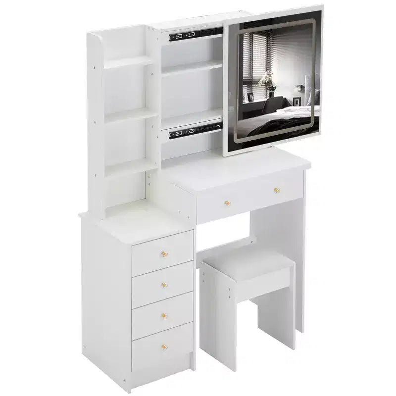 Coiffeuse contemporaine avec tabouret rembourré, miroir coulissant à LED, éclairage tactile 3 couleurs, deux prises secteur et ports de chargement USB