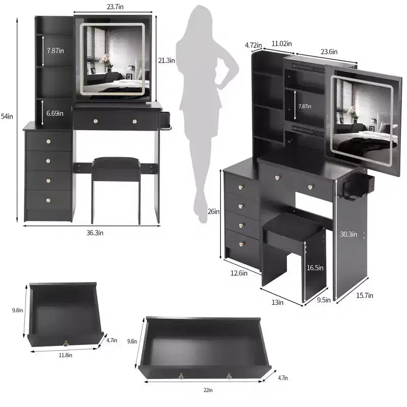Coiffeuse contemporaine avec tabouret rembourré, miroir coulissant à LED, éclairage tactile 3 couleurs, deux prises secteur et ports de chargement USB
