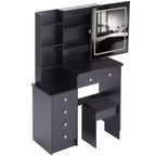 Coiffeuse contemporaine avec tabouret rembourré, miroir coulissant à LED, éclairage tactile 3 couleurs, deux prises secteur et ports de chargement USB